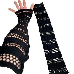 Black Fishnet Arm Warmers Cotton Cyber Goth Fingerless Gloves Cut Out Bandage OS